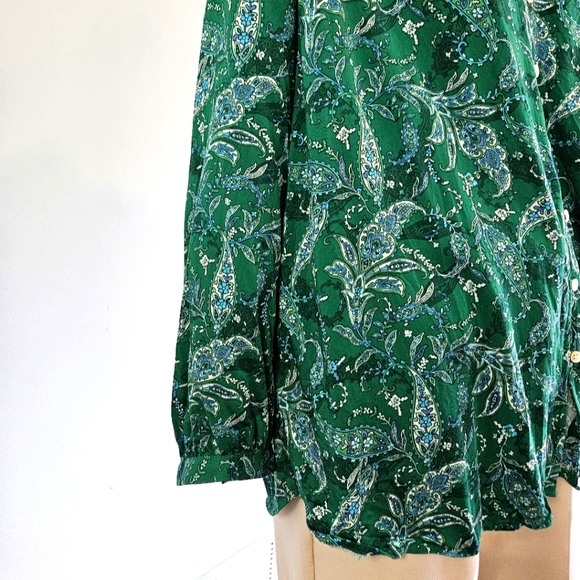 J. Jill Womens Ruffled Satin Top Paisley Tunic Top Button Up Cottagecore Green L - Picture 8 of 13
